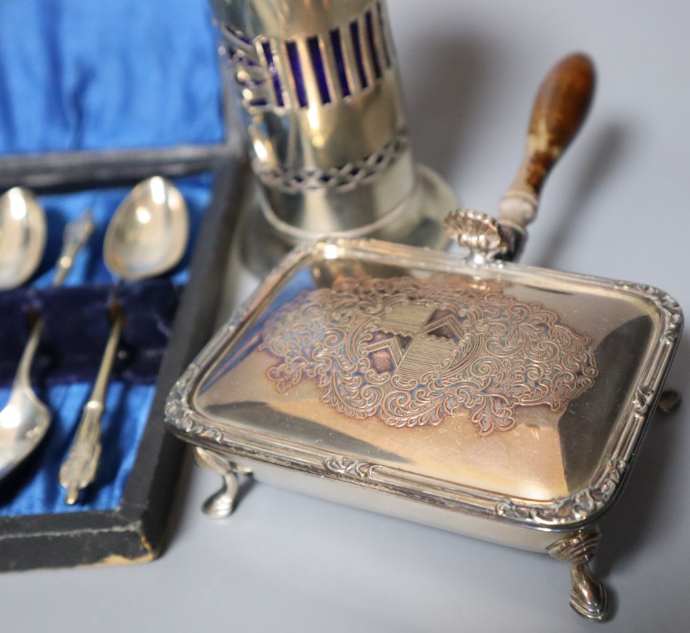 Silver plated ware including chafing dish, sugar caster, Apostle spoons with tongs, etc.